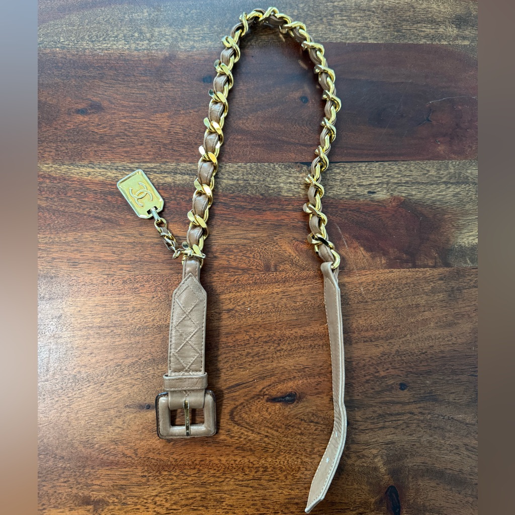 Chanel Rue Cambon Beige Leather Belt With Gold Chain